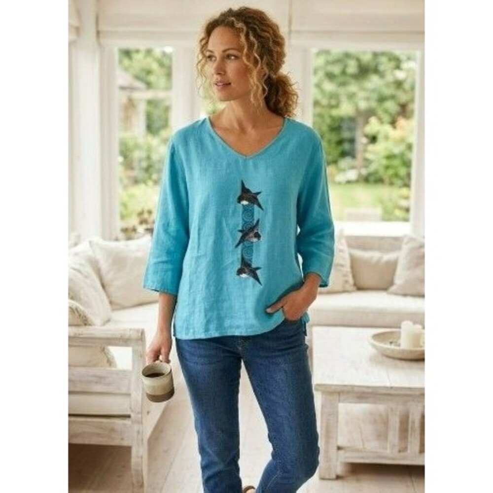Match Point Linen Top Blue Shirt Sparrow Birds Womens M Artsy Coastal Lagenlook